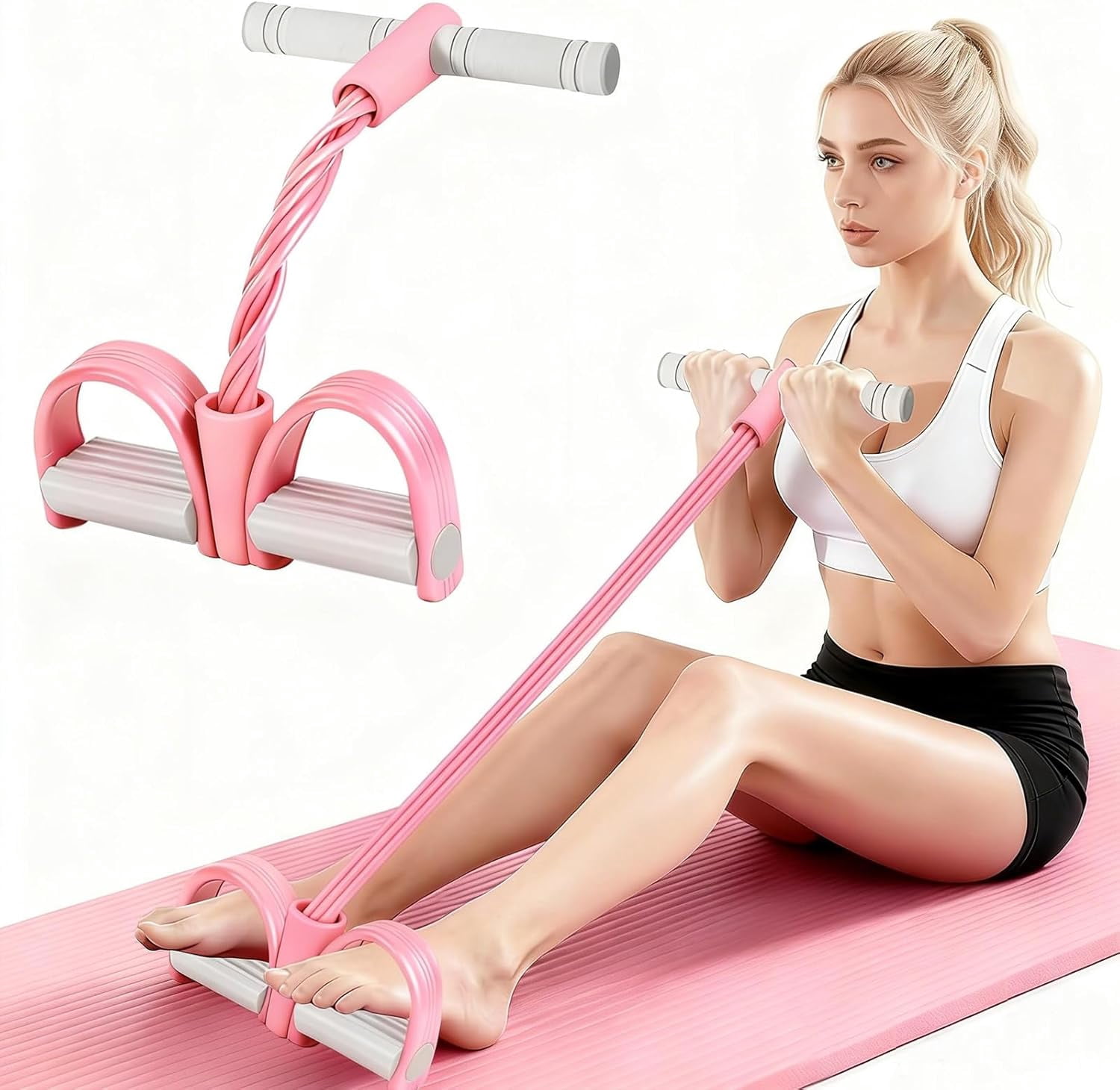JJEAN-8-Tubes Pedal Resistance Band with Handle, Multifunction Exercise Rope for Working Out, Foot Pedal Resistance Band for Abdomen, Waist, Arm, Leg, Pink