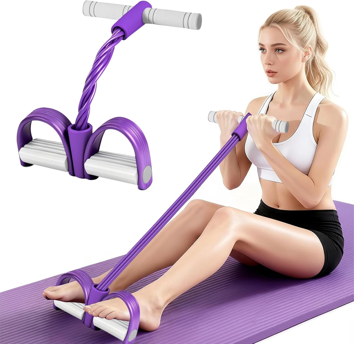 JJEAN-8-Tubes Pedal Resistance Band with Handle, Multifunction Exercise Rope for Working Out, Foot Pedal Resistance Band for Abdomen, Waist, Arm, Leg, Pink
