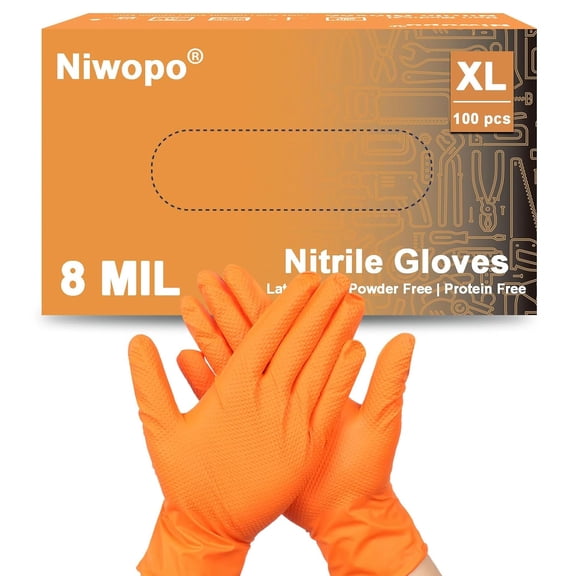 JJEAN-8 mil Heavy Duty Orange Nitrile Gloves 100 pcs Diamond Texture Heavy Duty Industrial Glove,Powder-Free,Latex-Free,Durable Disposable Gloves for Mechanics,Automotive & Food Handling (X-Large)