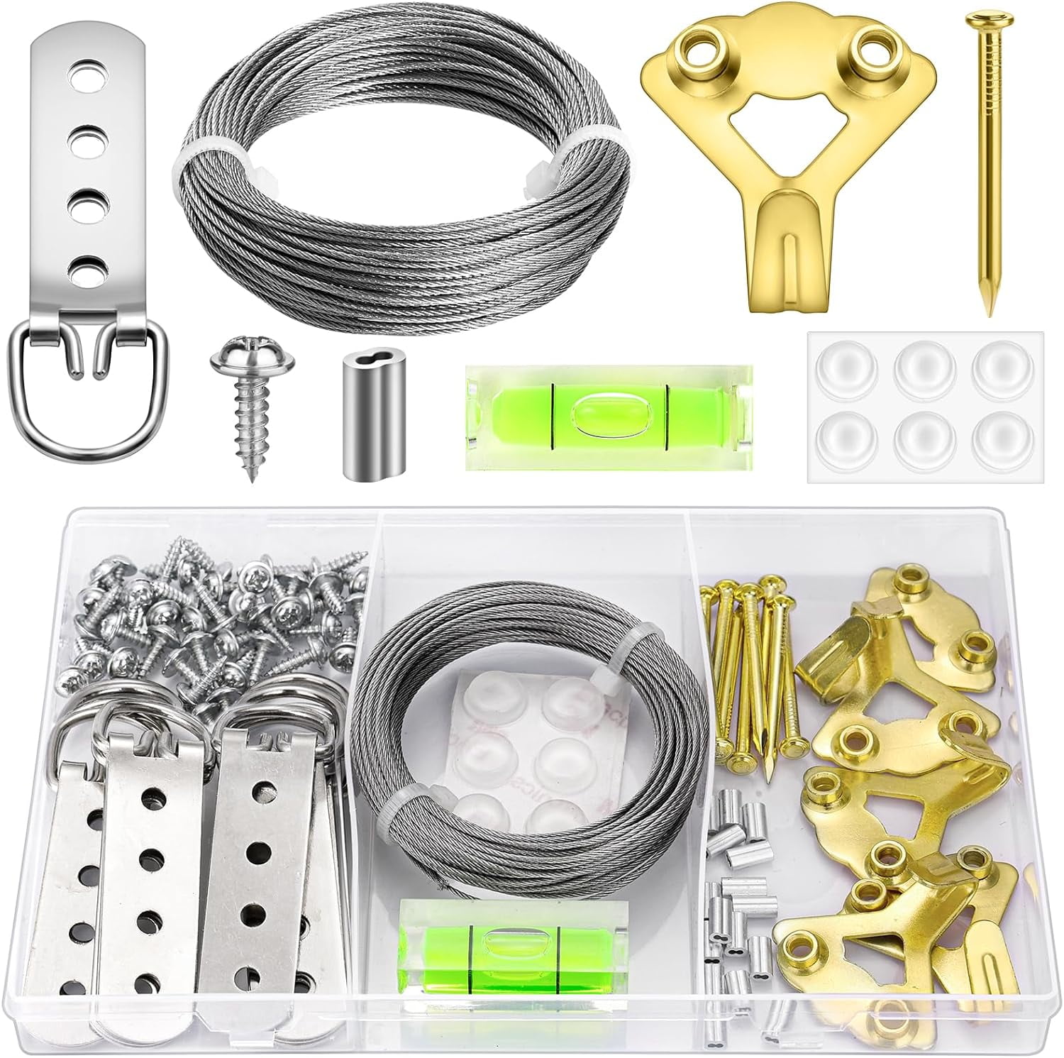JJEAN-88Pcs Heavy Duty Picture Hanging Wire Kit, Include 50Ft Stainless Steel Wire Picture Hanging for Photo Mirror Frame, up to 110lbs, D Ring, Picture Hangers, Screws, Hanging Hooks, Nails, Level