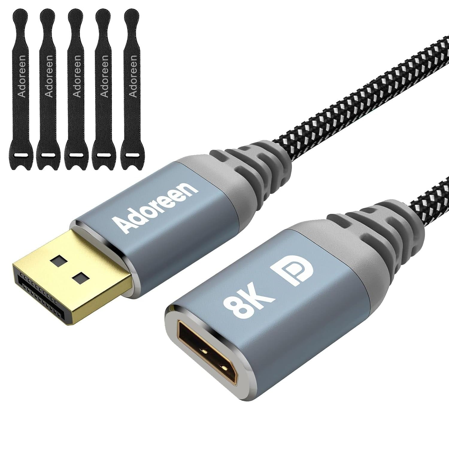 JJEAN-8K DisplayPort Extension Cable 15 feet, Braided DP to DP Extended 1.4 Cord (from 0.6-25ft) Male to Female (8K@60Hz 4K@120Hz 2K@165Hz) Extender Display Port with 5 Ties