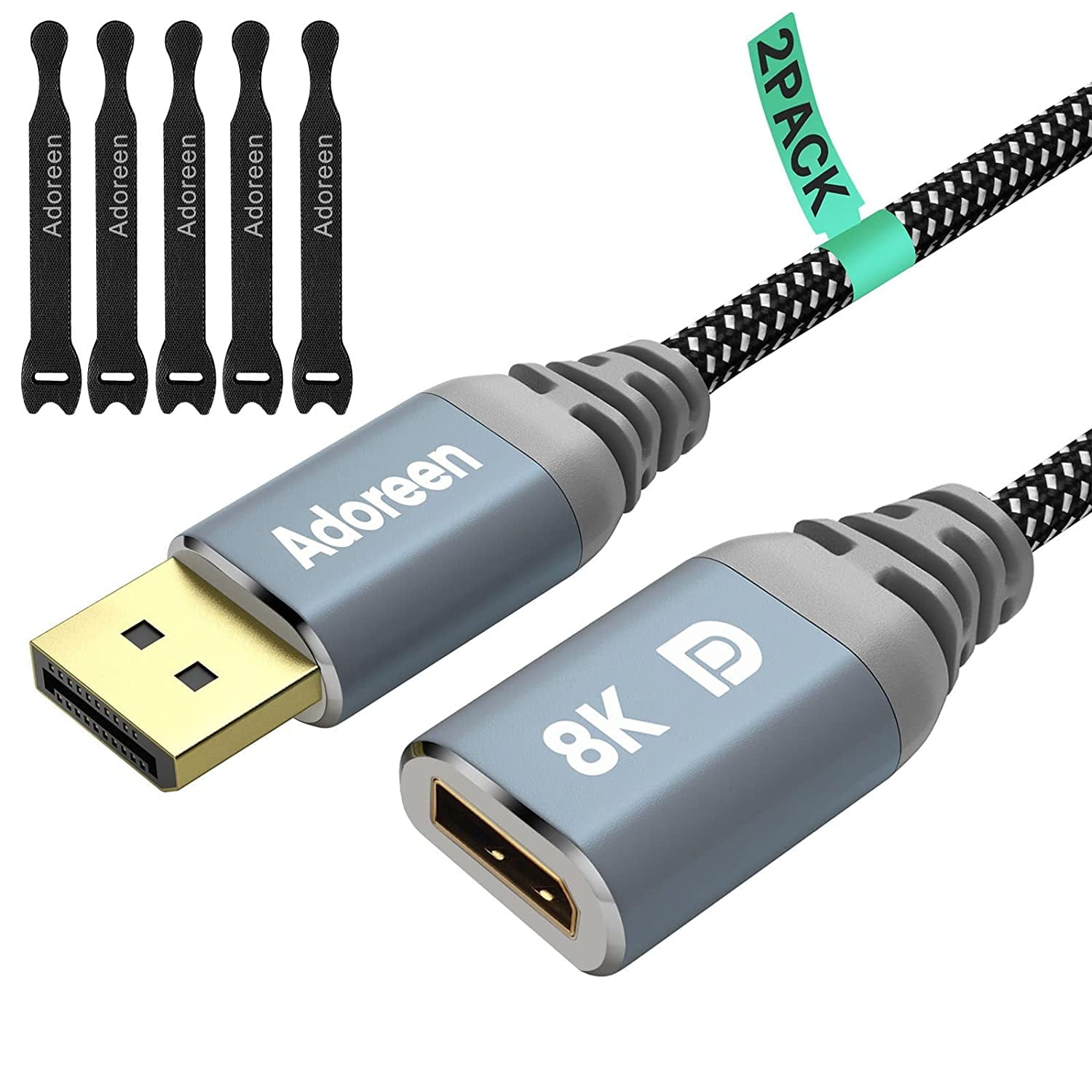 JJEAN-8K DisplayPort Extension Cable 2 Feet/2 Pack, Braided DP to DP Extended 1.4 Cord (from 0.6-25ft) Male to Female (8K@60Hz 4K@144Hz 2K@240Hz) Extender Display Port with 5 Ties