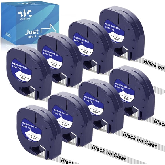 JJEAN-8X Compatible Clear Label Tape Compatible for Dymo Letra tag Refills Clear Plastic Label Cassette 12mm x 4m 16952 S0721530 for Label Maker 200B LT-100T LT-100H Plus QX50