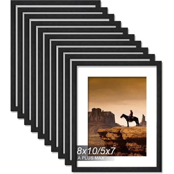 JJEAN-8x10 Picture Frame Set of 10, Black Engineered Wood Frame for 8 x 10 Inch Picture Poster Photo, Light Weight 8 by 10 Frame with Wood-grain for Wall - 10 Pack/Black/8"x10"