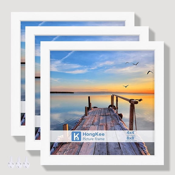 JJEAN-8x8 Picture Frames with Real Glass, White Wooden Square Photo frame Set of 3, Displays 4x4 Picture With Mat or 8x8 Without Mat, Desktop & Wall Collage Frame set