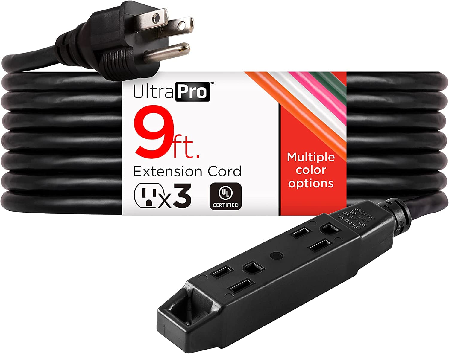 JJEAN-9 Ft Outdoor Extension Cord 3 Outlet Extension Cords Outlet Power Strip Short Extension Cord with Multiple Outlets Grounded Heavy Duty Extension Cord 16 Gauge UL Listed Black 50772