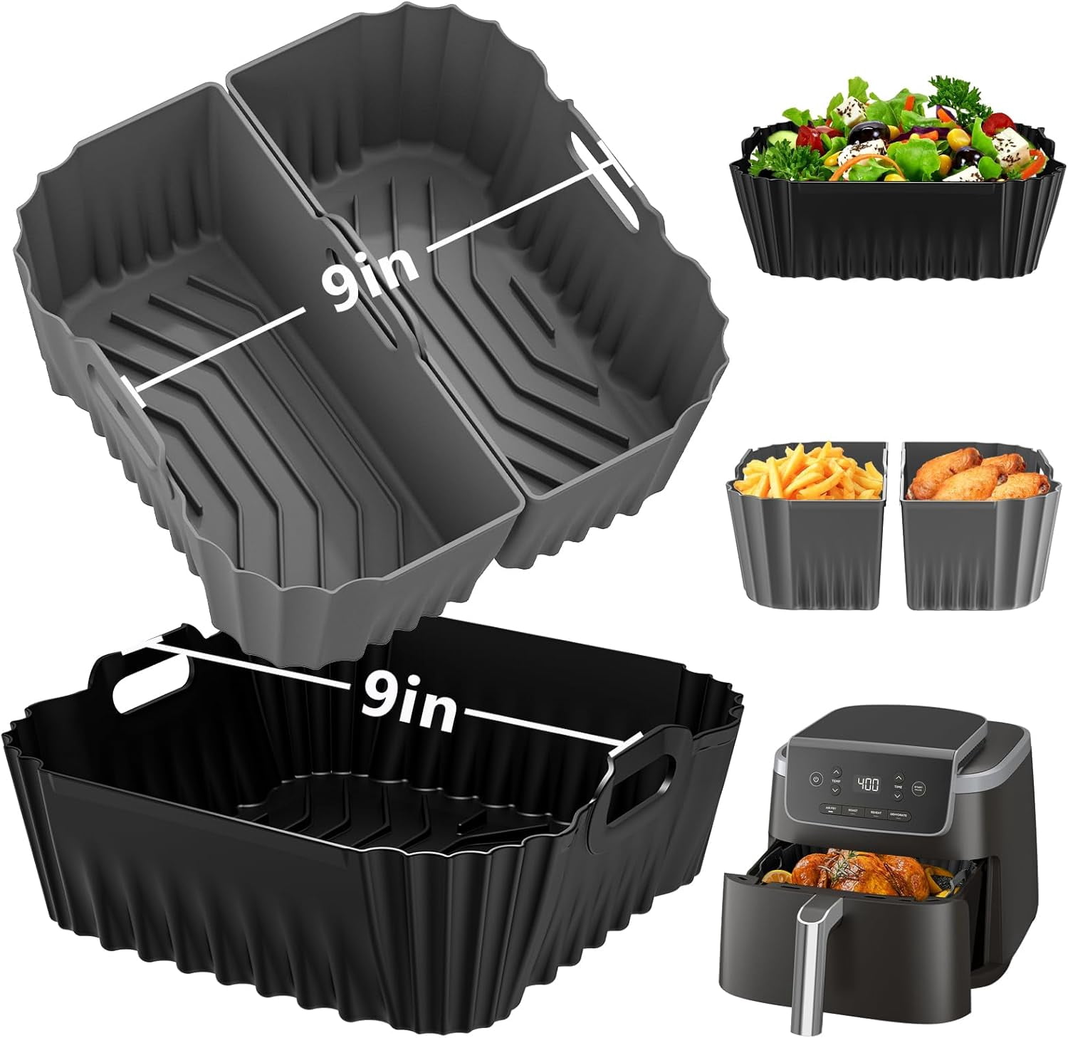 JJEAN-9-Inch Air Fryer Silicone Liners Square for Ninja Air Fryer AF141 AF142 AF181 5-6.5QT, 3 Pack Reusable Silicone Pot Baking Accessories for Cosori 6QT, Instant, Chefman 5QT to 8QT AirFryer