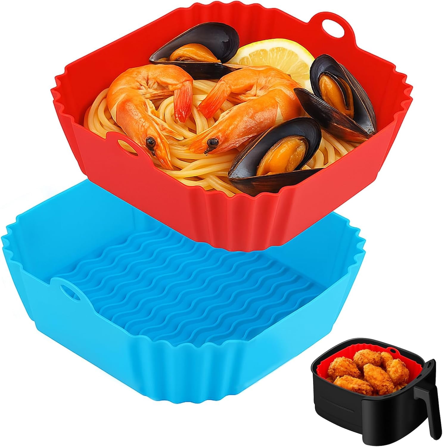 JJEAN-9 Inch Large Air Fryer Silicone Liners - 2 PCS Square Reusable AirFryer Basket Liners for 5-8QT Air fryer, Air fryer Accessories for Baking Roasting Microwave (Red + Blue)