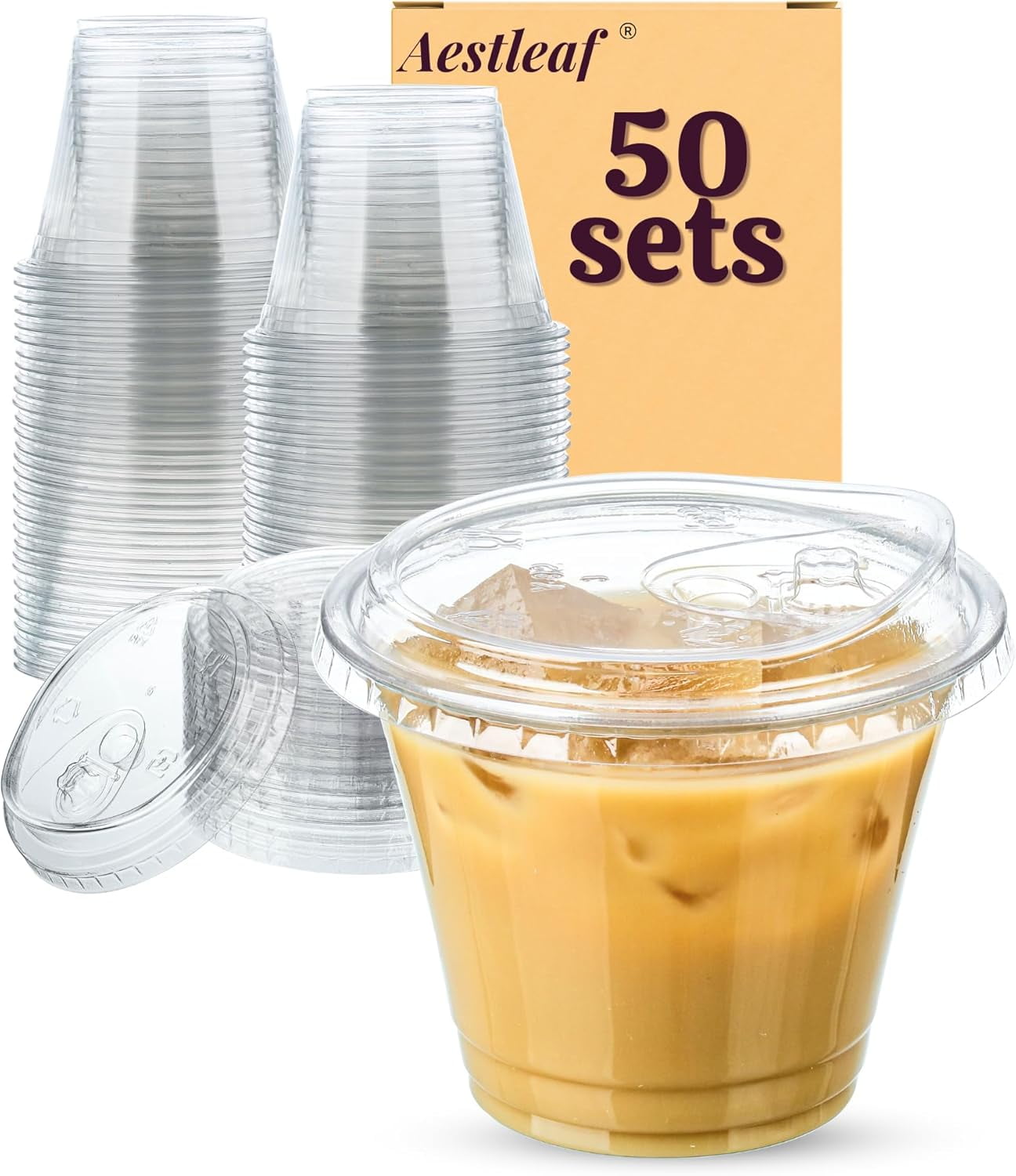 JJEAN-9 oz Clear Plastic Cups with Lids, 50 Sets Disposable Plastic Iced Coffee Cups with Strawless Sip-Lids, To Go Coffee Cup for Smoothie, Milkshake, Cold Drinks
