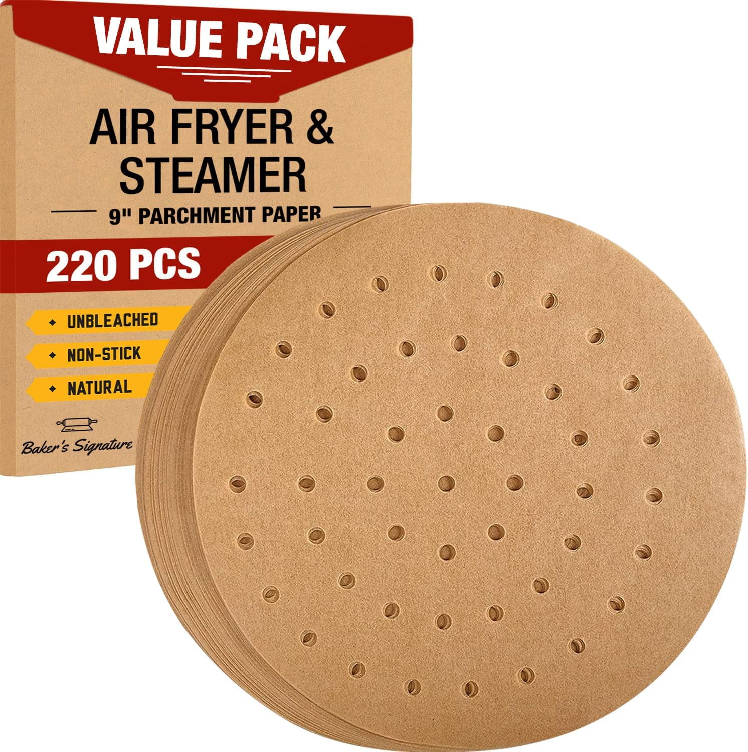 JJEAN-9\u2033 Steamer Paper, Air Fryer Round Parchment Paper Liners \u2013 220pcs Unbleached Bamboo Steamer Liners \u2013 Easy Cleanup, Will Not Burn or Curl, Non-Toxic & Convenient Packaging by Bake