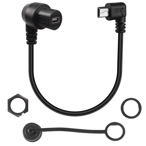 JJEAN-90 Degree Angle Mini USB Panle Flush Waterproof Extension Cable Mini USB 5 Pin Right Angle Male to Female Panel Mount Cable, Threaded to Dashboard or Panel,28cm/11in (Left Bend)