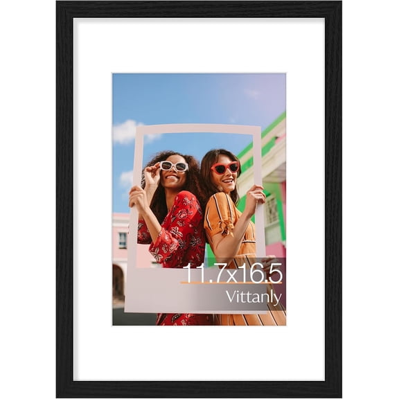 JJEAN-A3 Picture Frame, Engineered Wood with Shatter Resistant Plexiglass, Display Pictures 8.3x11.7 with Mat or 11.7x16.5 without Mat, Poster Frame for Wall Display, Black, 1 Pack