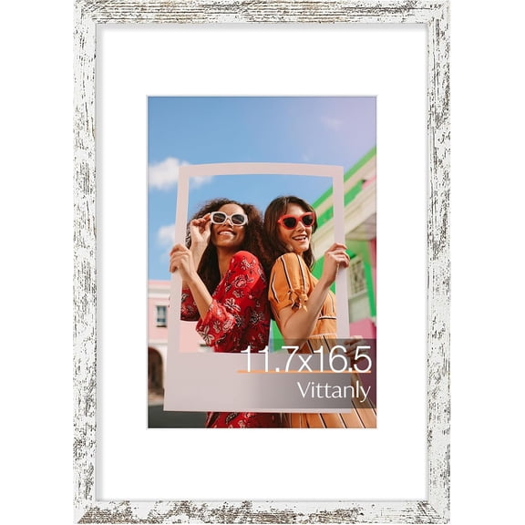 JJEAN-A3 Picture Frame, Engineered Wood with Shatter Resistant Plexiglass, Display Pictures 8.3x11.7 with Mat or 11.7x16.5 without Mat, Poster Frame for Wall Display, Distressed White, 1 Pack