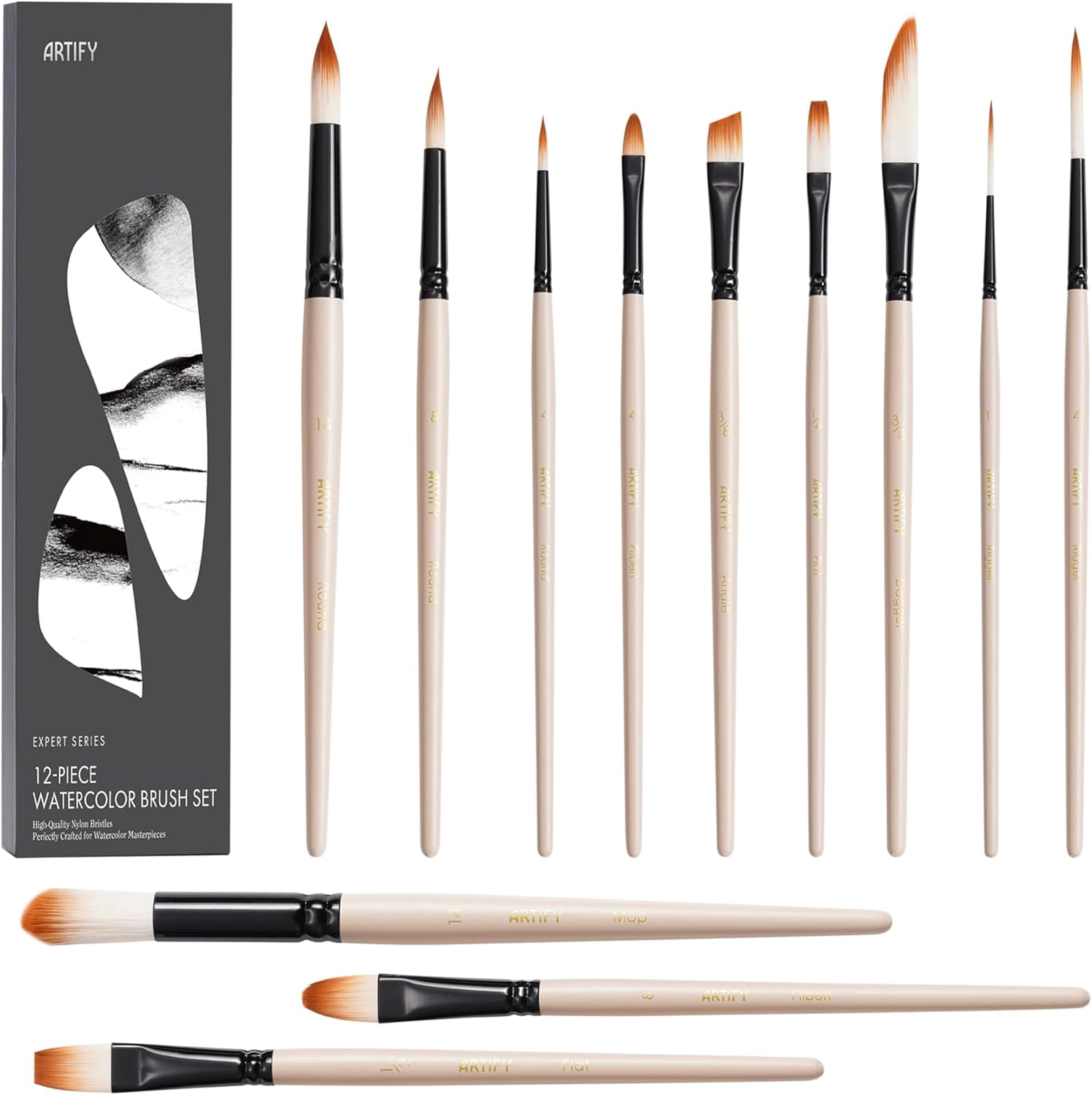 JJEAN-ARTIFY Watercolor Brush Set, 12 Pcs Professional Paint Brushes with Case for Beginners and Artists, Various Shapes, Optimized Hairs for Watercolor, Gouache, Ink, Tempera, and Fabric Painting