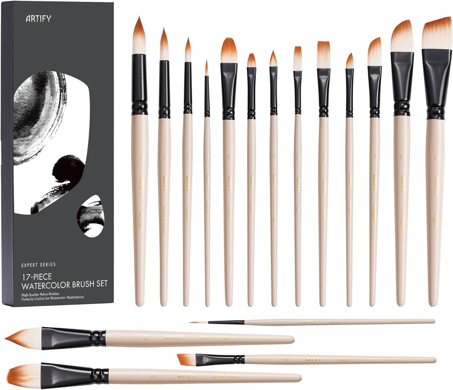 JJEAN-ARTIFY Watercolor Brush Set, 17 Pcs Professional Paint Brushes with Case for Beginners and Artists, Various Shapes, Optimized Hairs for Watercolor, Gouache, Ink, Tempera, and Fabric Painting