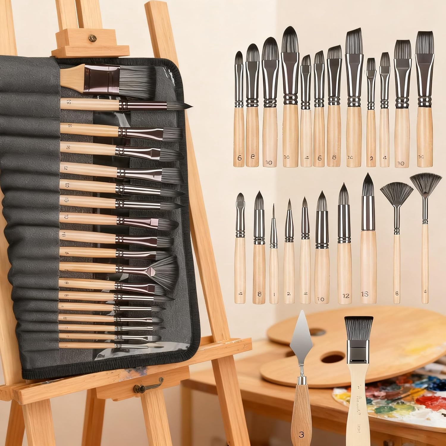 JJEAN-Acrylic Paint Brush Set, 25pcs Professional Artist Series (Wood Color) with Wide Flat, Filbert, Fan, Dagger, Cat Tongue, Round, Angle, Rigger for Oil/Acrylic Painting, Premium Packaging
