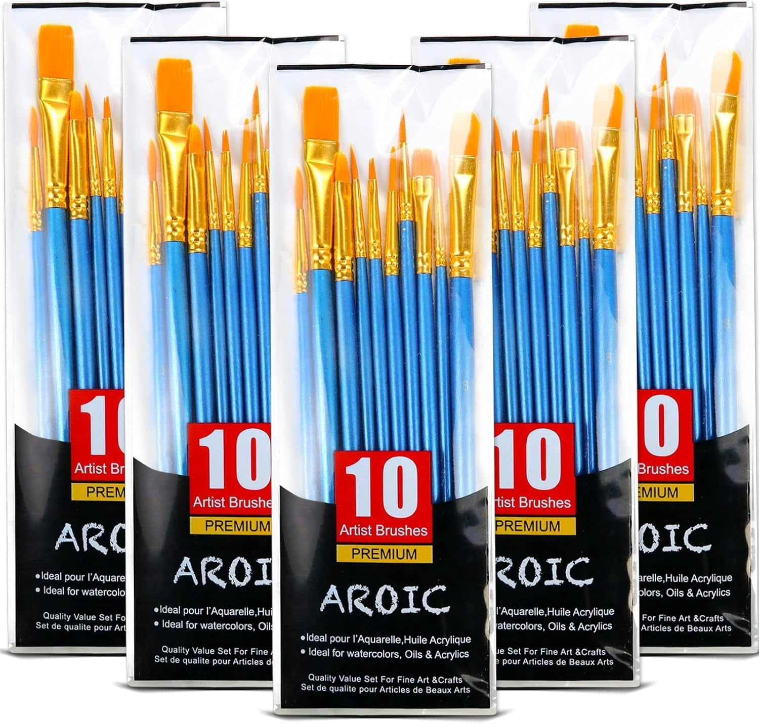 JJEAN-Acrylic Paint Brush Set, 5 Packs / 50 pcs Nylon Hair Brushes for All Purpose Oil Watercolor Painting Artist Professional Kits