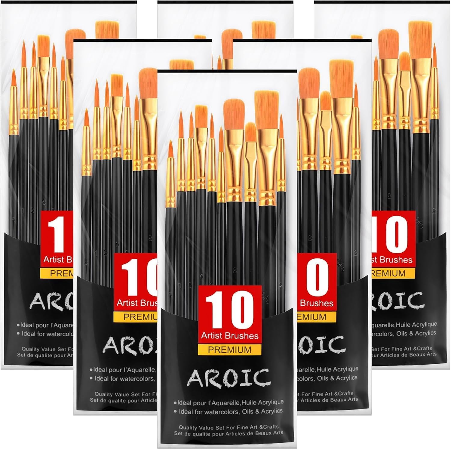 JJEAN-Acrylic Paint Brushes, 6 Packs / 60 pcs Nylon Hair Paint Brush Set for All Purpose Oil Watercolor Painting Artist Professional Kits (Black)