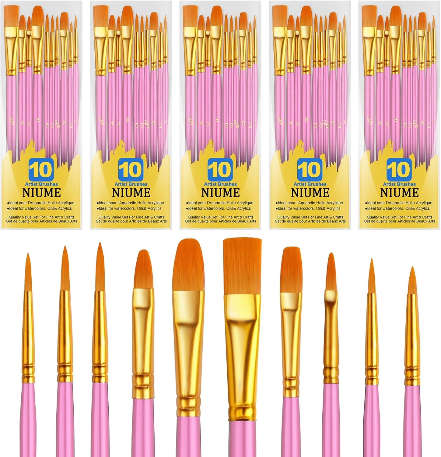 JJEAN-Acrylic Paint Brushes Set, 50Pcs Round Pointed Tip Artist Paintbrushes for Acrylic Painting Oil Watercolor Canvas Boards Rock Body Face Nail Art, Halloween Pumpkin Ceramic Crafts Supplies��Pink