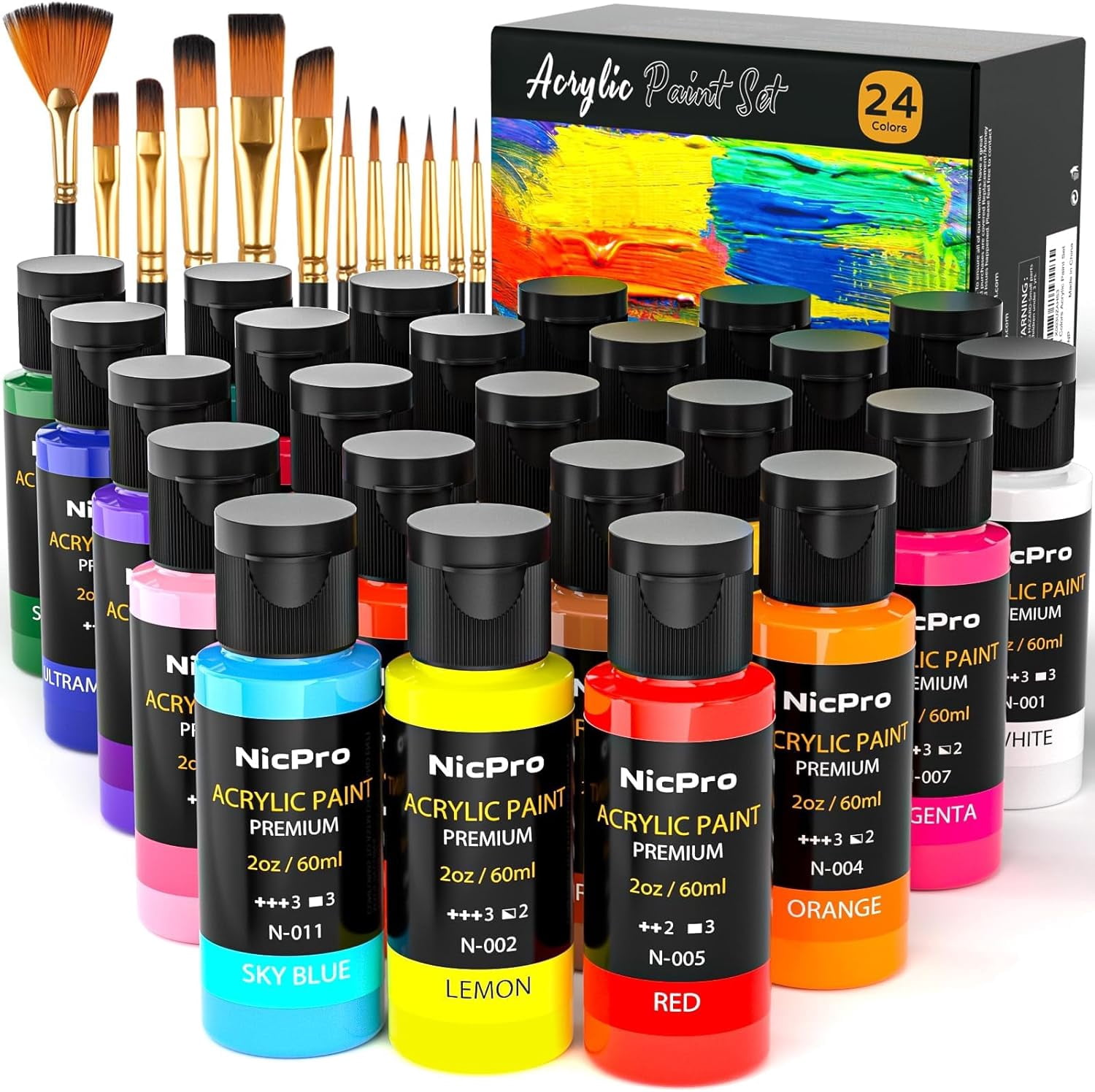 JJEAN-Acrylic Paint Set, 24 Colors with 12 Brushes & Palette, Non Toxic Art Supplies Kit for Painting Fabric, Canvas, Clay, Wood, Rock & Ceramic, Easter Eggs, Rich Pigments for Beginners, Students &