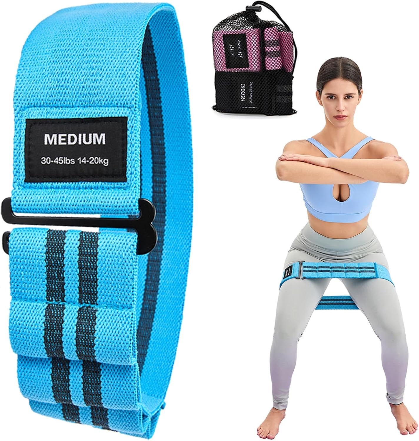 JJEAN-Adjustable Fabric Resistance Bands for Squats, Glutes & Legs – 5 Levels of Customizable Size, Width & Tension, Non-Slip Booty Bands for Men and Women, Pilates & Yoga Workouts(Medium)