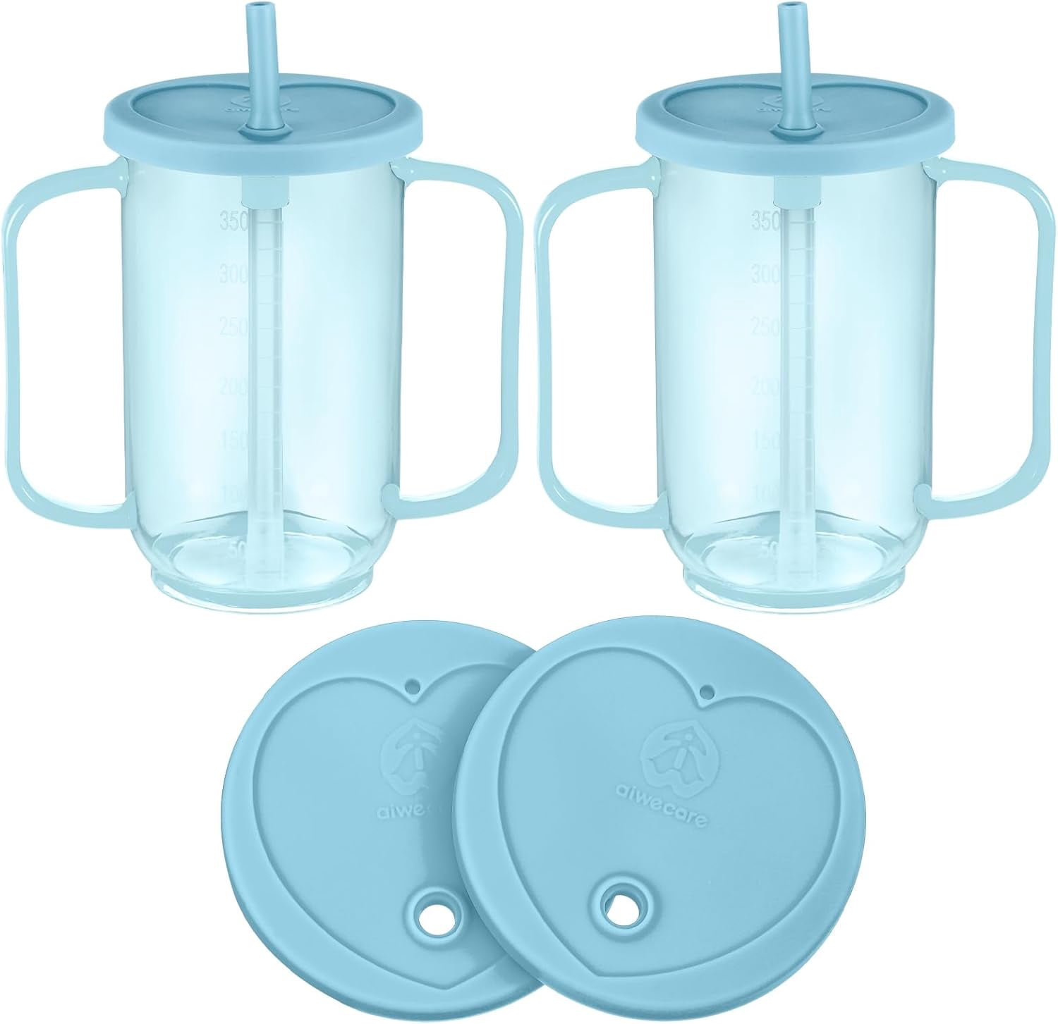 JJEAN-Adult Sippy Cups for Elderly 12 oz Straw Sippy Cups with 2 Handles No Spill for Adults Spill Proof Dysphagia Cup for Disabled Patients(Light Blue)