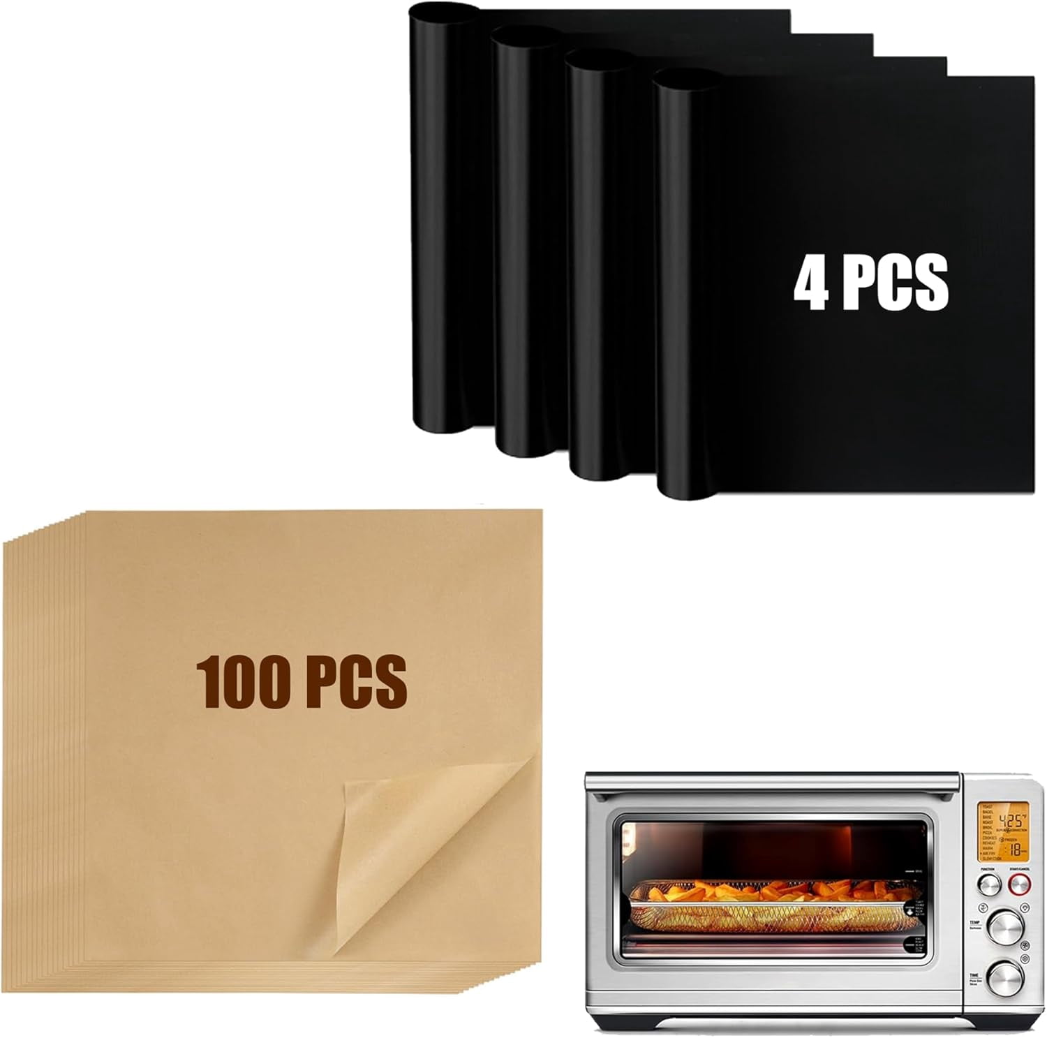 JJEAN-Air Fryer Liners Compatible with Breville BOV900BSS the Smart Oven Air Fryer Pro, 100 PCS Unbleached Parchment Paper Disposable with 4 PCS AirFryer Oven Liners Accessories for Breville Toaster