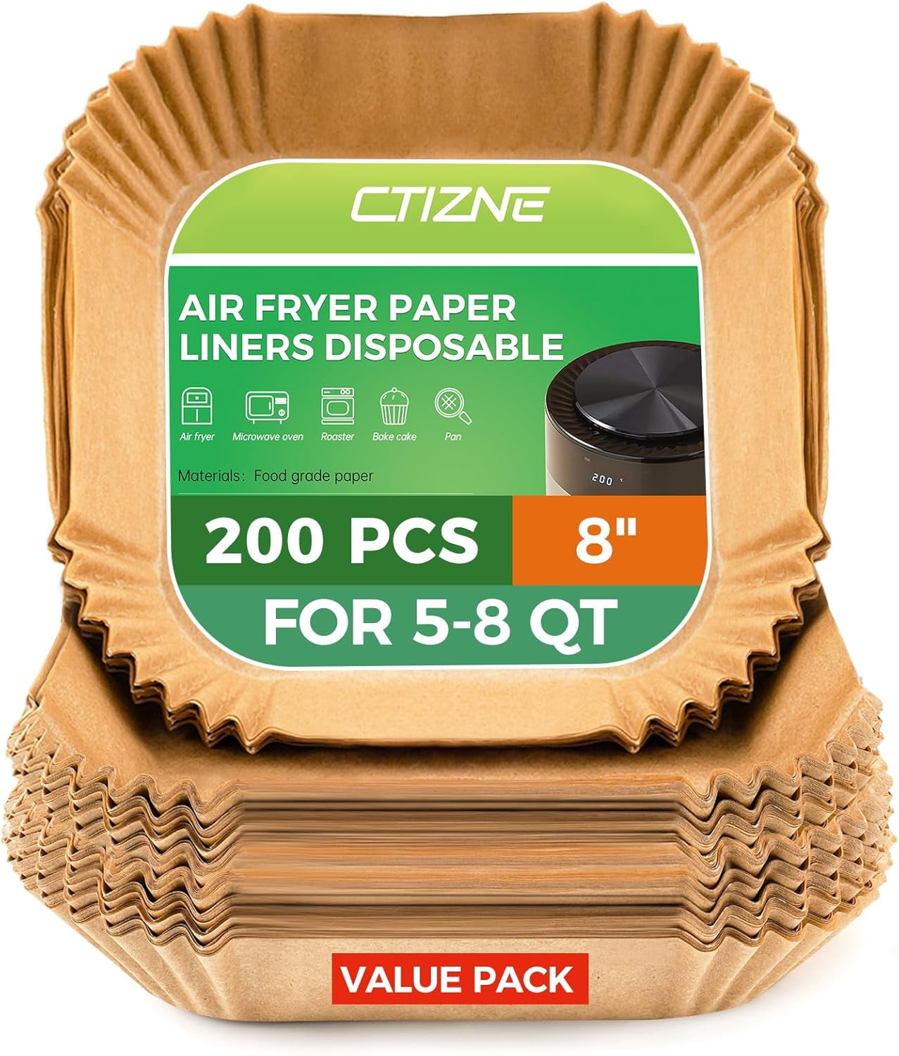 JJEAN-Air Fryer Liners Disposable, 200Pcs 8" Square Unbleached Parchment Paper Liners Non-Stick & Waterproof Oilproof for 5-8 QT Airfryer Basket, Baking, Roasting Microwave, Oven