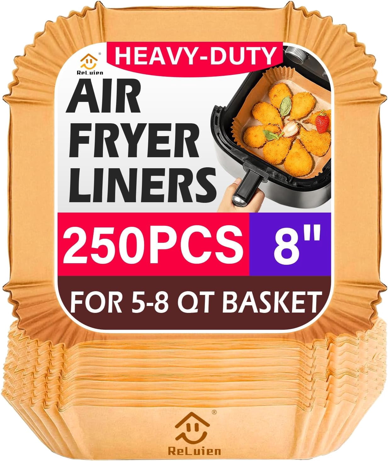 JJEAN-Air Fryer Liners Disposable, 250pcs Non-stick Disposable Airfryer Liners, 8 Inch Unbleached Parchment Paper, Square Air Fryer Paper Liners for 5-8QT Air Fryer, Baking, Roasting Microwave
