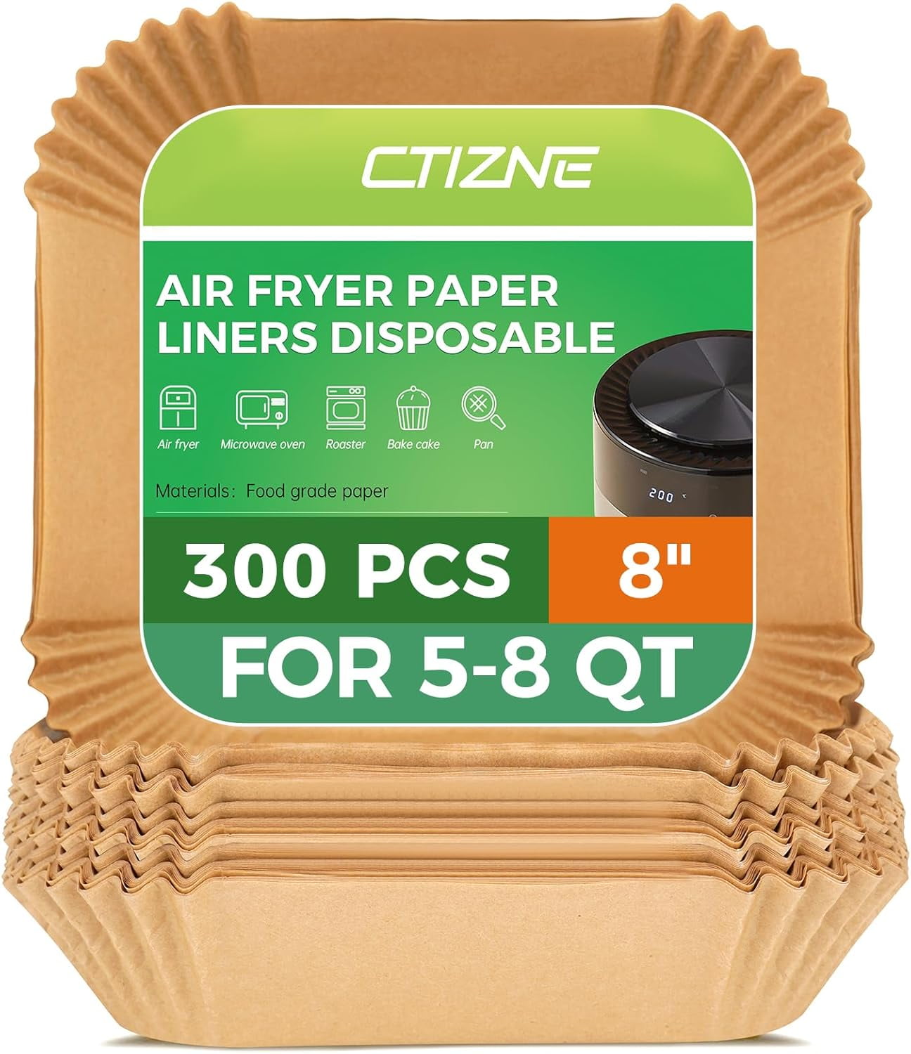 JJEAN-Air Fryer Liners Disposable - 300Pcs 8In Square Parchment Paper for Air Fryer Non-Stick Airfryer Basket Liners for Steamer Microwave Oven