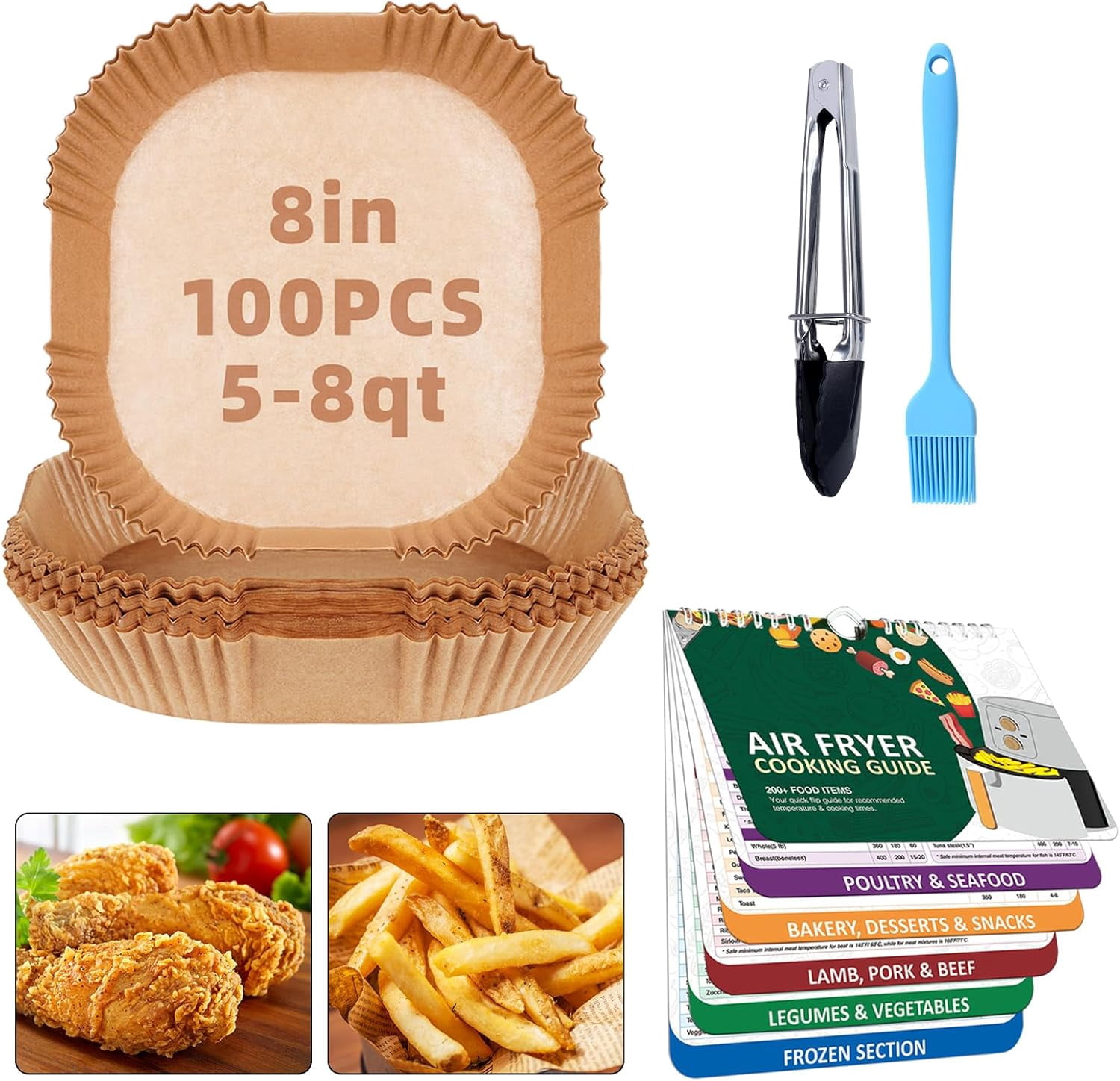 JJEAN-Air Fryer Liners Disposable 7.9” Square Airfryer Liners, 100 Pcs Air Fryer Parchment Paper Liners, Non-Stick airfryer paper liners, Air Fryer Cheat Sheet Magnets Over 200 Foods (Air Fryer Acces