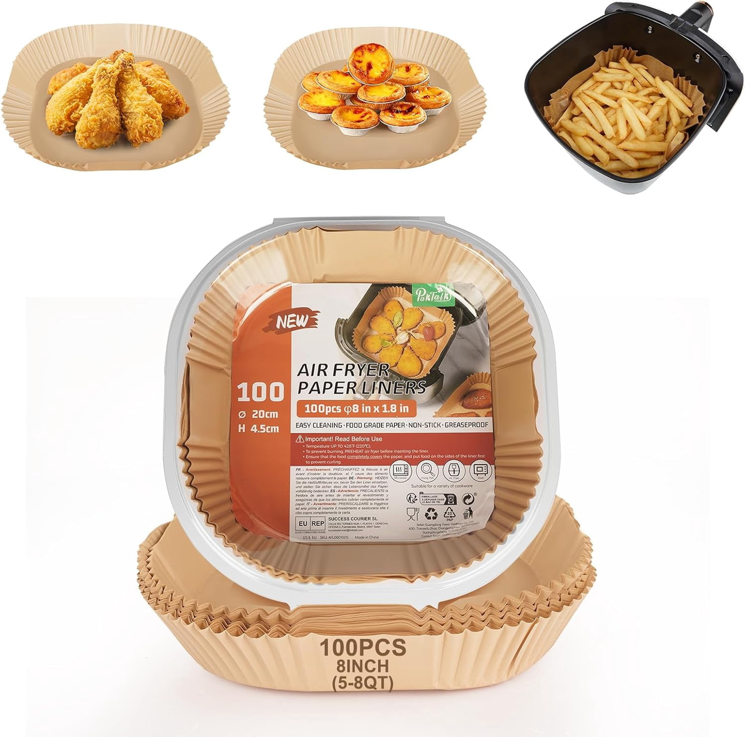 JJEAN-Air Fryer Liners Disposable, 8 Inch Air Fryer Sheet Liners Square, Non-Stick & Pre-Cut Disposable Air Fryer Liners for Easy Cleanup, Fits Most Air Fryer Baskets (8inch-100pcs)