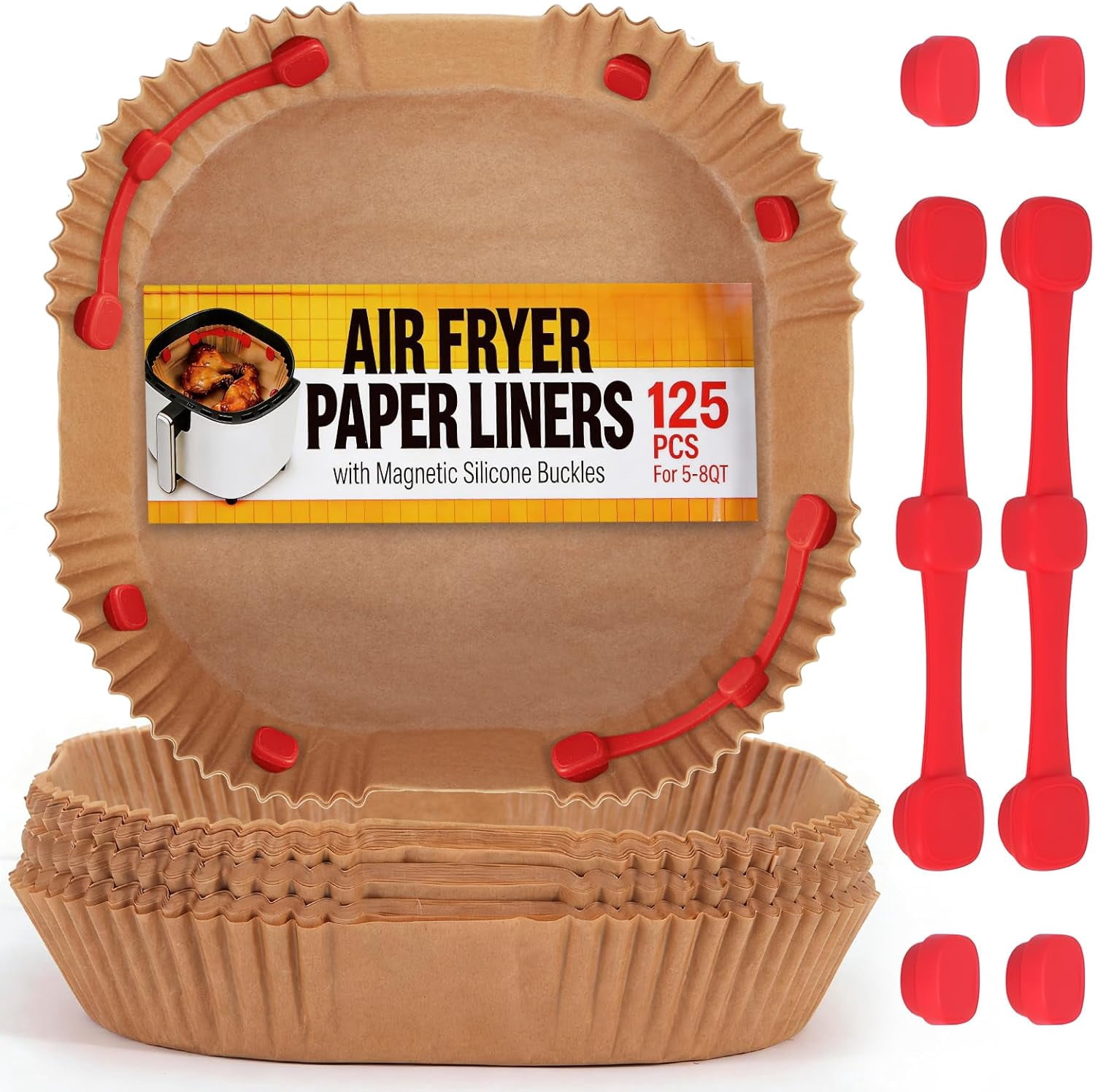JJEAN-Air Fryer Liners Disposable with Air Fryer Magnets for Parchment Paper – 125Pcs Food Safe Non Stick Wood Pulp Airfryer Sheets with 6Pcs Magnetic Buckles – Temperature Resistant Material