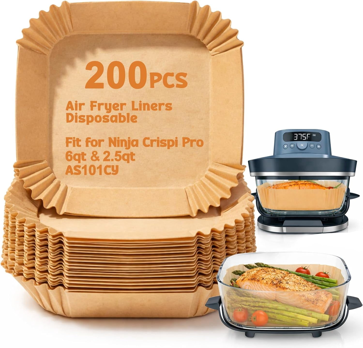 JJEAN-Air Fryer Liners Disposable for Ninja Crispi Pro 6-In-1 Glass Air Fryer, 200PCS Airfryer Liners Parchment Paper for Ninja Crispi Accessories, Non-Stick