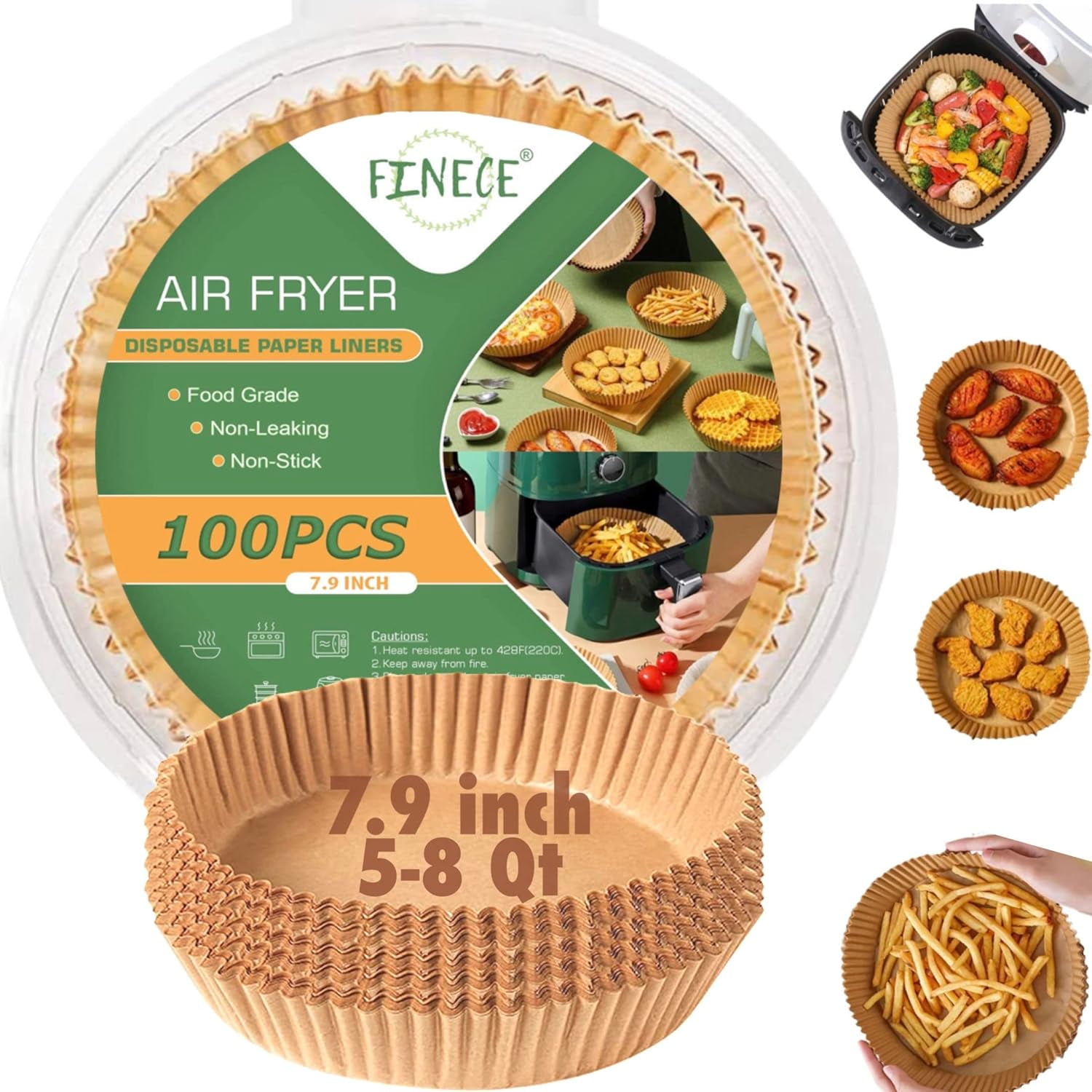 JJEAN-Air Fryer Liners Round, 100PCS for 5 to 8 Qt Air Fryer Disposable Paper Liner Large, 7.9 inch Unbleached Non-stick Oil-proof Parchment Paper