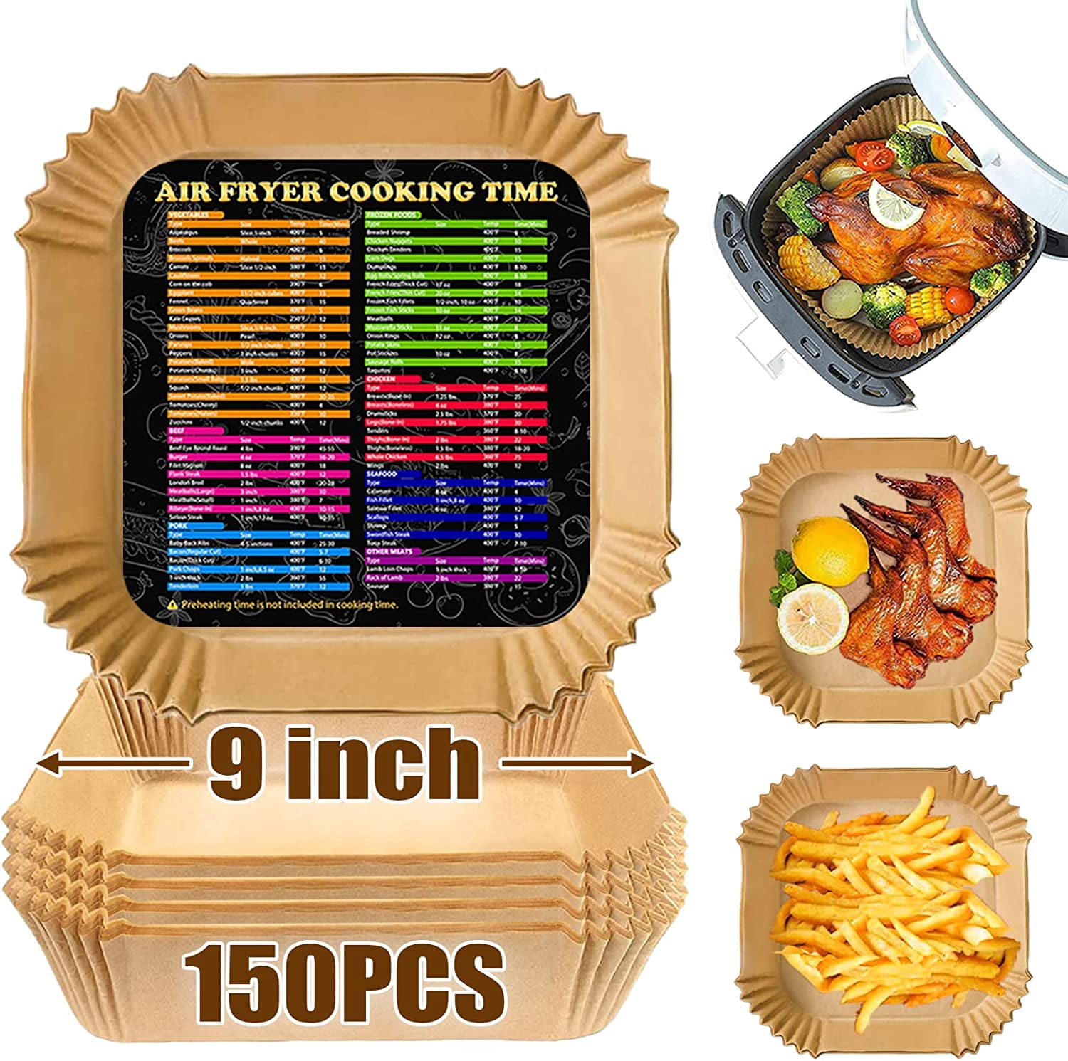 JJEAN-Air Fryer Liners Square for COSORI Air Fryer 6Qt and Ninja AF141, 150Pcs 9 Inch Large Air Fryer Paper Liners for 5-8QT Basket, Non-stick Parchment Paper Pads Oil Resistant