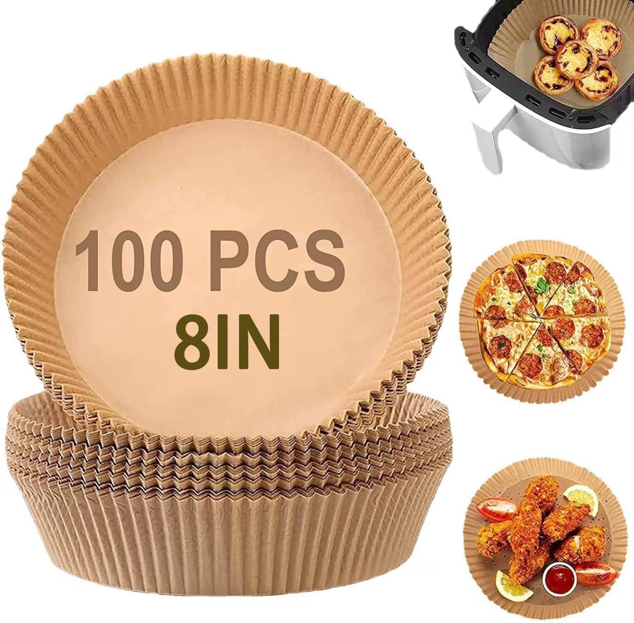JJEAN-Air Fryer Paper Liner, 100 Pieces of Disposable Circular air Fryer Paper Liner, 8-Inch air Fryer Oil Resistant Waterproof Natural Parchment Paper, Used for Frying, Baking, Microwave Ovens.