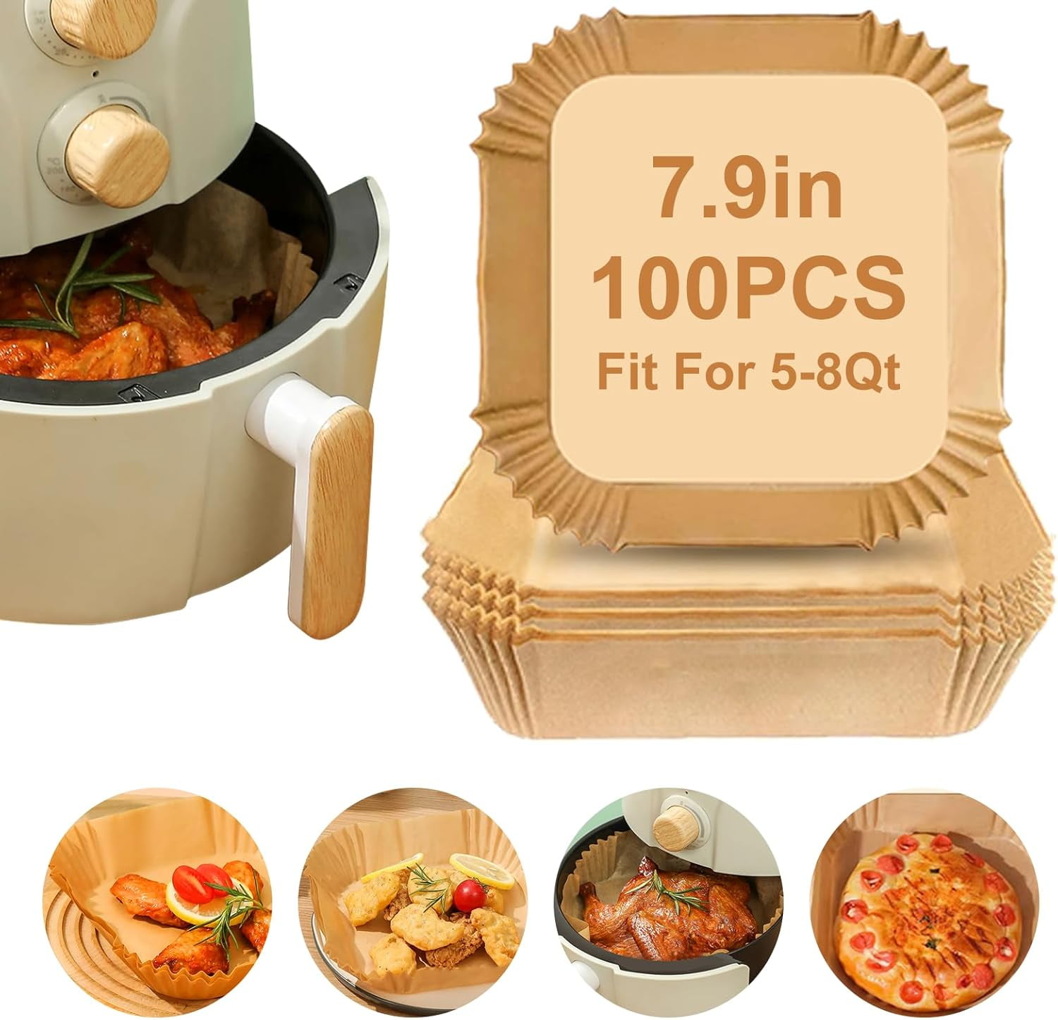 JJEAN-Air Fryer Paper Liners,100Pcs Airfryer Disposable Liners Paper,Non Stick Parchment Paper Liners for Air Fryer Basket,Food Grade Air Fryer Accessories for Microwave Oven Steamer 7.9\u201c Square
