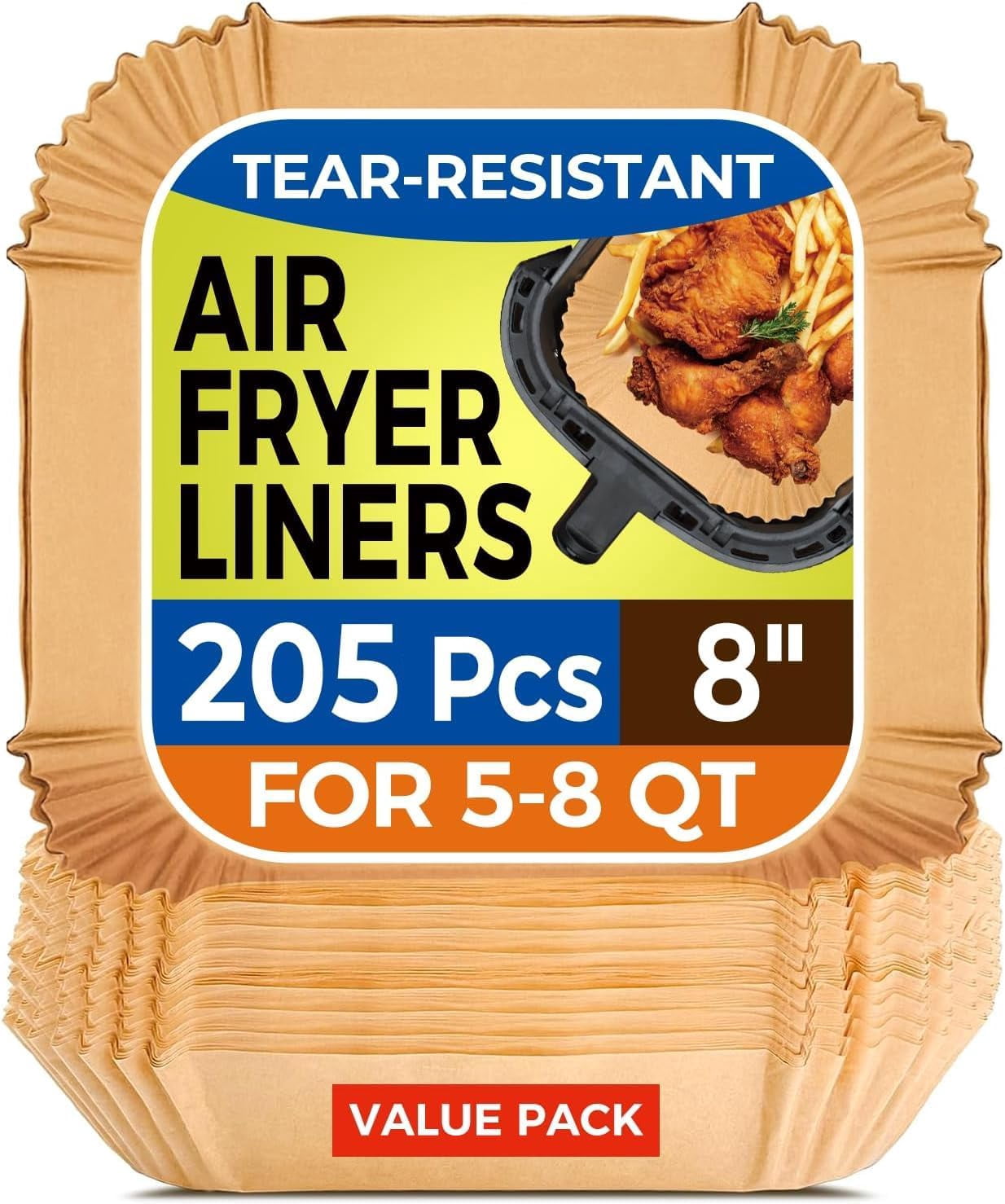 JJEAN-Air Fryer Paper Liners, 205 PCS Non-Stick Disposable Air Fryer Liners, 8-Inch Square Parchment Paper for 5-8 QT Basket, Water-Proof & Oil-Proof Airfryer Liners for Baking, Roasting, Microwave,