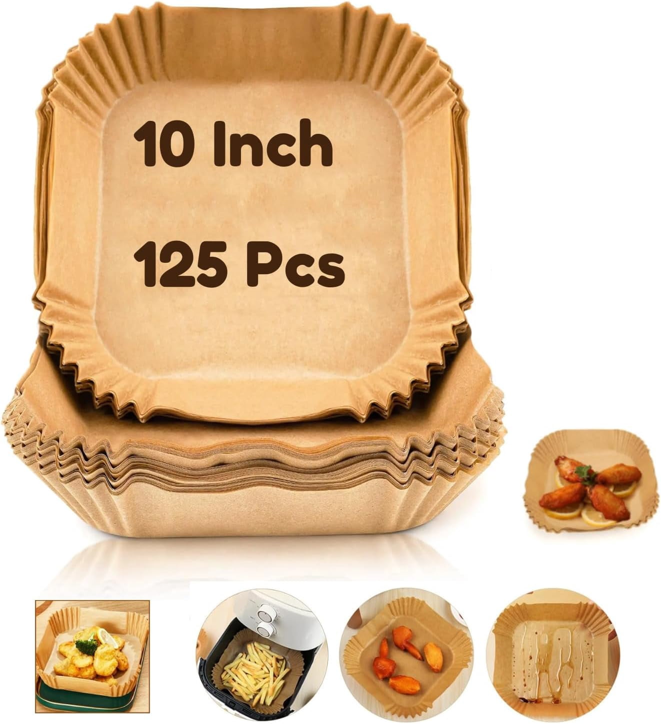 JJEAN-Air Fryer Paper Liners Disposable | 10 Inch 125PCS Parchment Paper Liner Square | Premium Waterproof Baking Liner Non-Stick| Oil Resistant Basket Paper Liners for Clean Cooking | Air Fryer Acce