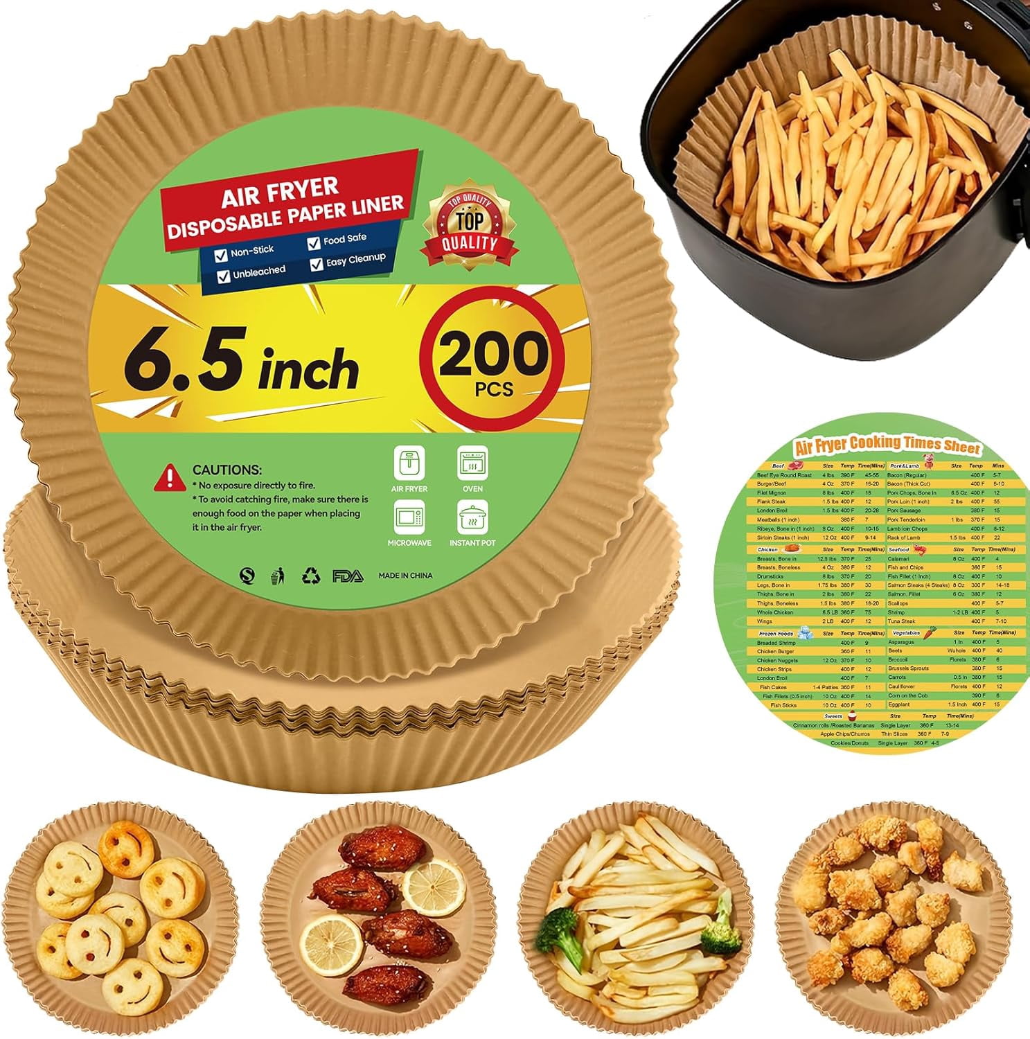 JJEAN-Air Fryer Paper Liners Disposable: 200Pcs 6.5 Inch Special Round Liners for Air Fryer, Grease and Water Proof Non Stick Basket Parchment Paper