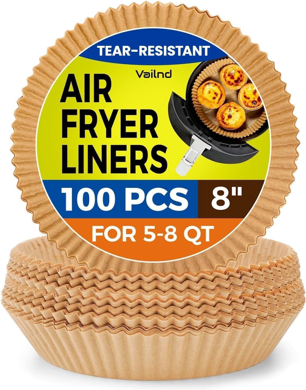 JJEAN-Air Fryer Paper Liners Disposable: 8 Inch Max Xl Large Cooker Air Fryer Disposable Paper Liners, 100Pcs Oil Proof Parchment Sheets Round Basket Bowl Liner for Baking Cooking Food from