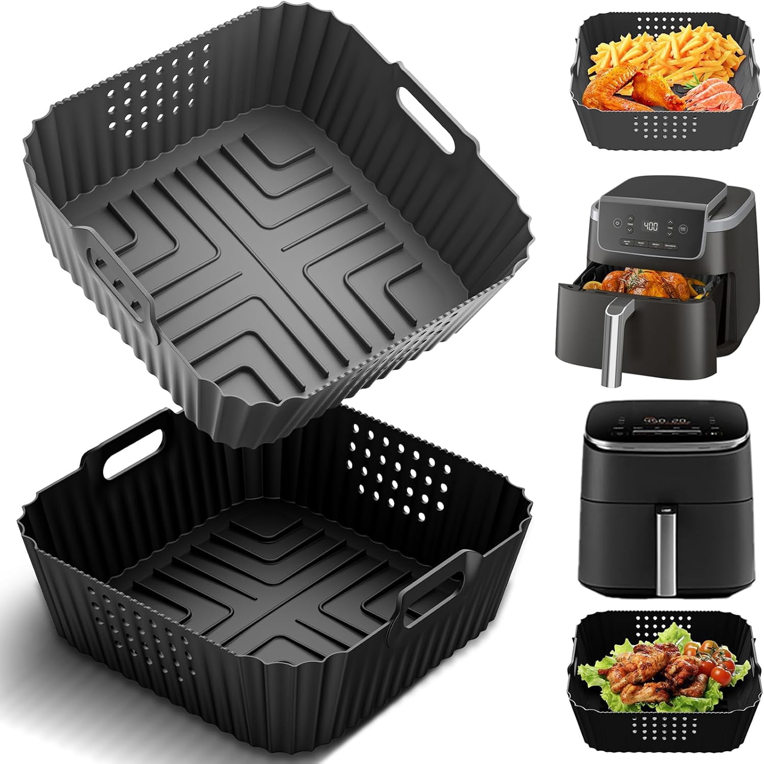 JJEAN-Air Fryer Silicone Liners for Ninja AF141 AF142 5QT & AF181 6.5 QT AirFryer, Air Fryer Accessories for Cosori 5QT/6QT, 2 Pcs Reusable Square Liners for Instant 6Qt &Other 5-8QT AirFryer