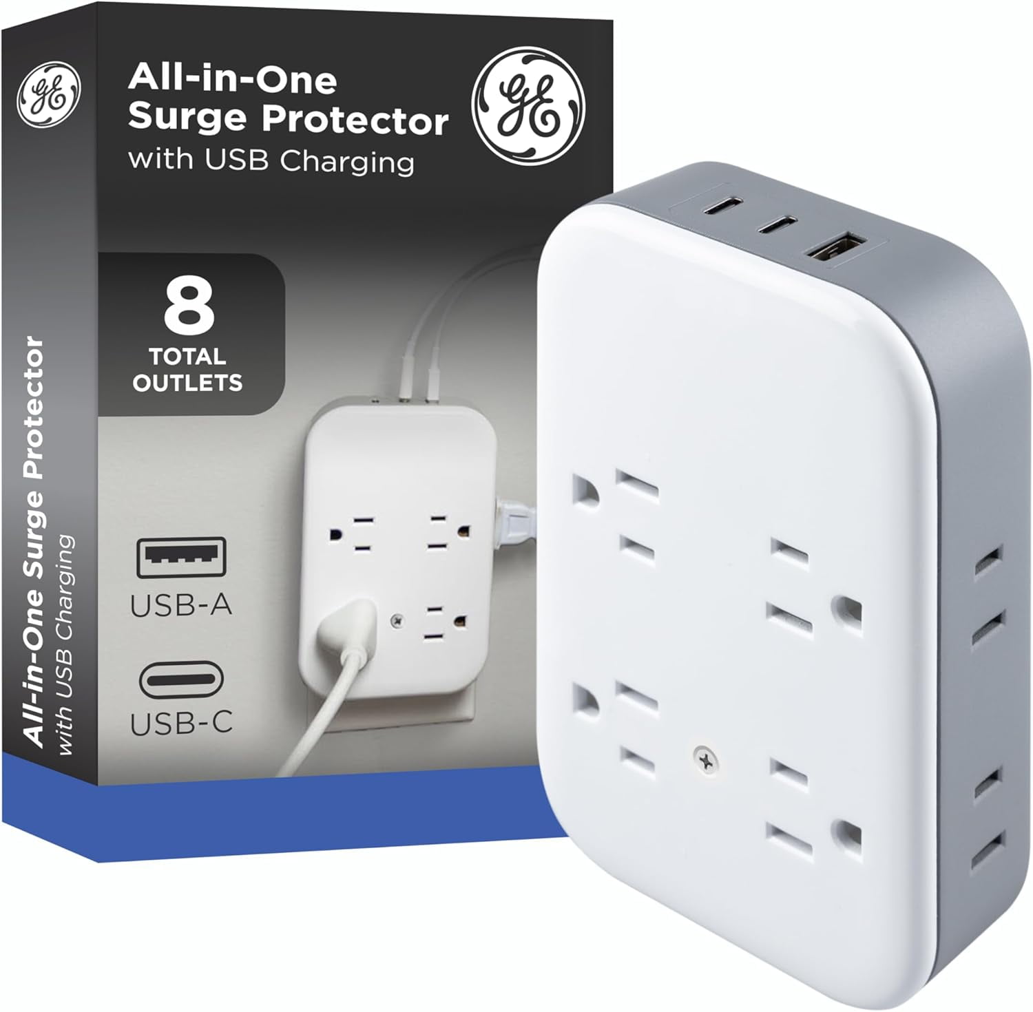 JJEAN-All-in-One Surge Protector Wall Tap, 8 Outlets (4 Grounded + 4 Polarized), 2 USB-C & 1 USB-A, 15W Shared, 1140J, Circuit Breaker, ETL Certified, White/Gray, 85633