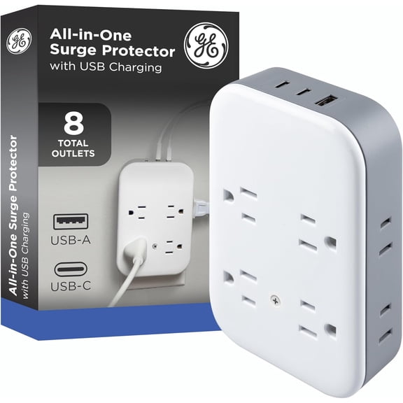 JJEAN-All-in-One Surge Protector Wall Tap, 8 Outlets (4 Grounded + 4 Polarized), 2 USB-C & 1 USB-A, 15W Shared, 1140J, Circuit Breaker, ETL Certified, White/Gray, 85633