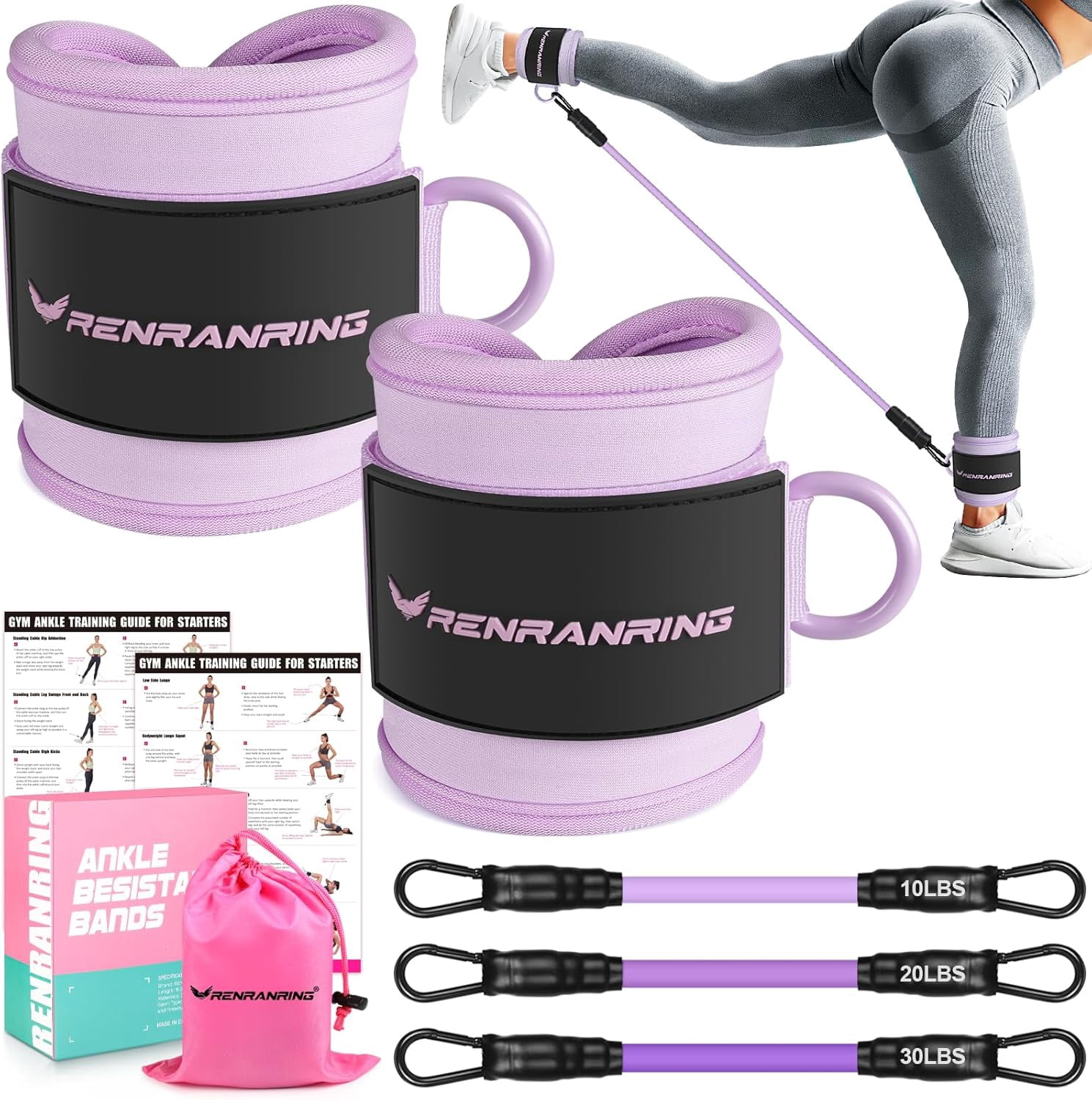 JJEAN-Ankle Resistance Bands with Cuffs, Ankle Bands for Working Out, Ankle Resistance Band for Legs and Glutes Workout Equipment, Butt Exercise Equipment for Women