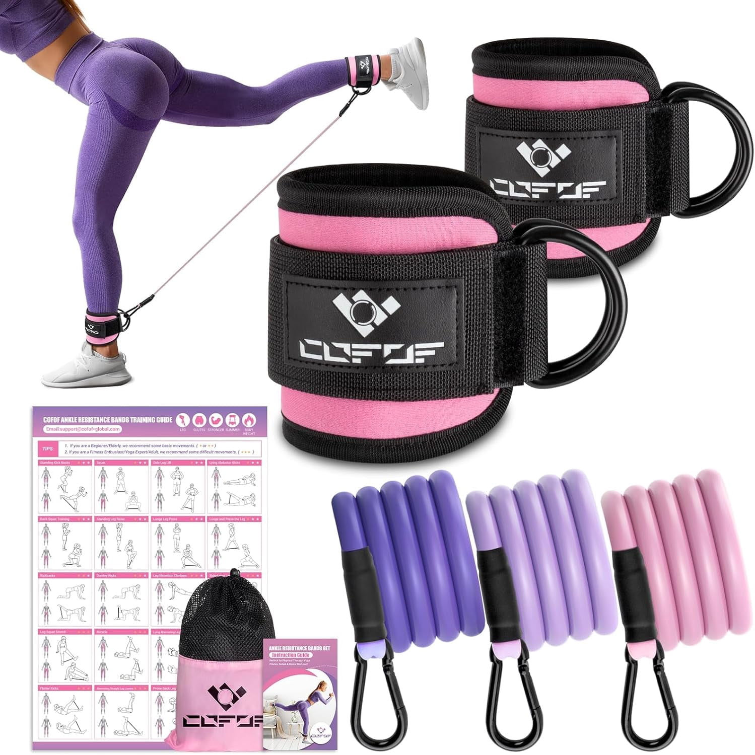 JJEAN-Ankle Resistance Bands with Cuffs, Ankle Bands for Working Out, Kickbacks Hip, Leg Glute Exercise Equipment with Training Poster, Resistance Workout Equipment for Women