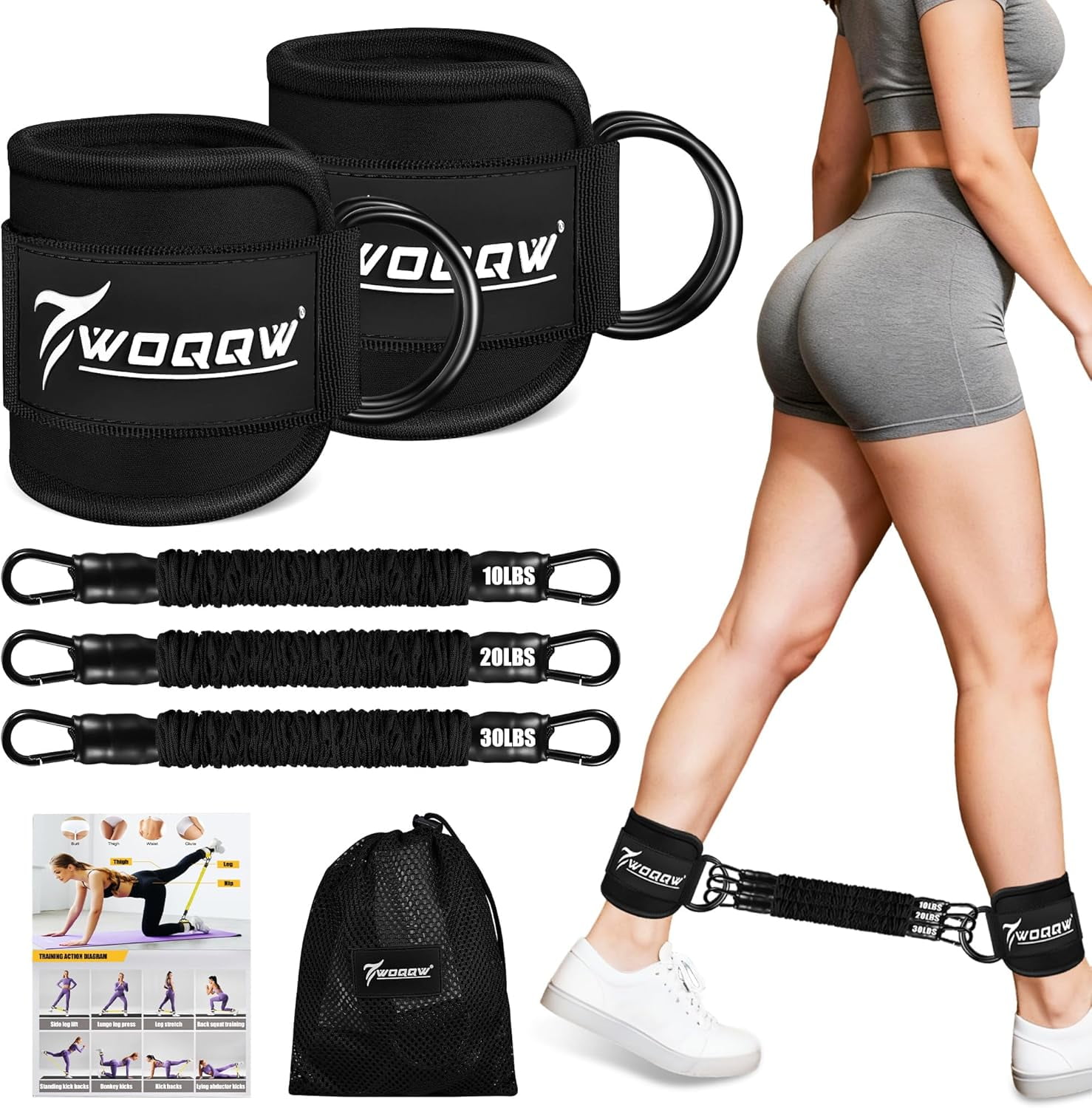 JJEAN-Ankle Resistance Bands with Cuffs, Leg and Glutes Workout Equipment, Resistance Bands with Ankle Straps for Cable Machine Kickbacks, Booty Workouts, Lower Body Exercises - Home Gym Exercise Equ