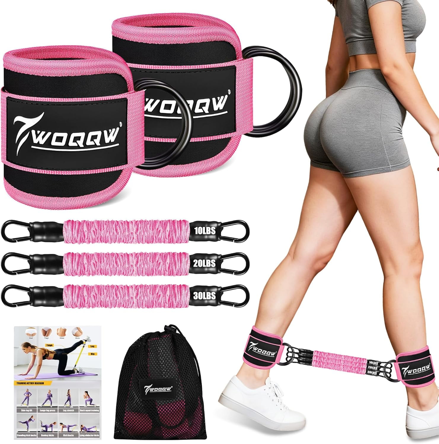 JJEAN-Ankle Resistance Bands with Cuffs, Leg and Glutes Workout Equipment, Resistance Bands with Ankle Straps for Cable Machine Kickbacks, Booty Workouts, Lower Body Exercises - Home Gym Exercise Equ