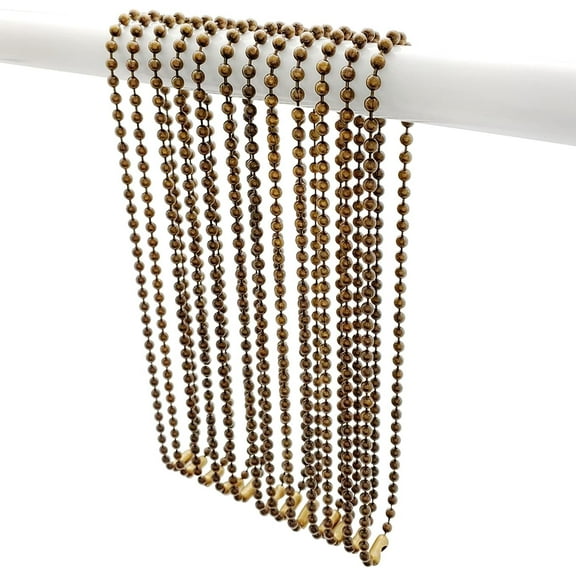 JJEAN-Antique Brass Shower Curtain Hooks, 27 Inch Ball Chain Design, 12 Pack Rust-Resistant Metal Curtain Rings for Bathroom Rods, Heavy Duty 4.5mm Shower Curtain Hangers